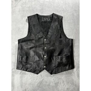 Mens Leather Works Genuine Leather Black Snap Up 4 Pocket Vest Size Large Biker